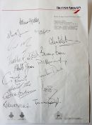A British Airways letterhead, bears signatures/autographs from the Welsh Rugby team,
