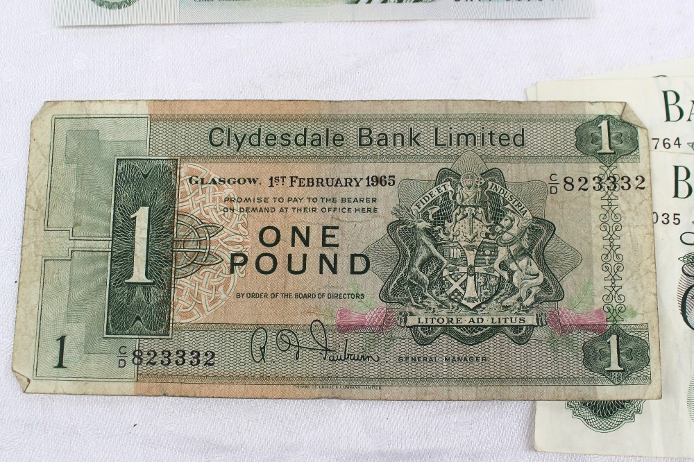 A collection of bank notes including Clydesdale bank one pound note, other one pound notes, - Image 2 of 3
