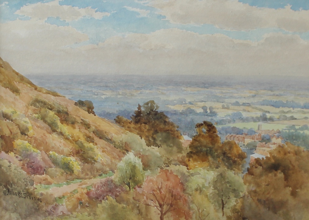 Albert Stevens
From the Wychpath Malvern looking towards Worcester 
Watercolour 
Signed and label