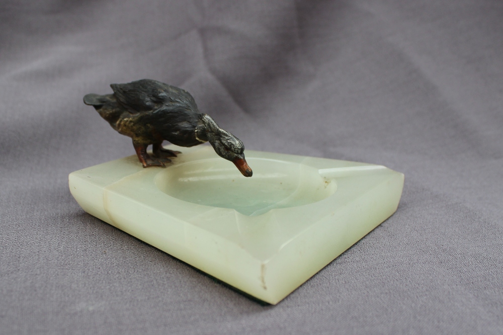 A cold painted spelter model of a drinking duck, standing on the edge of an onyx ashtray,