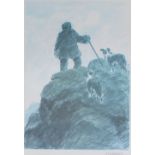 After Sir Kyffin Williams
A farmer and two sheepdogs on a rocky outcrop 
A print
Signed in pencil