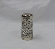A Victorian silver scent bottle of cylindrical form decorated with children and sheep, 1884, Sampson