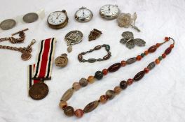 An agate bead necklace  together with a silver pocket watch, another pocket watch, a stopwatch,