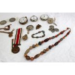 An agate bead necklace  together with a silver pocket watch, another pocket watch, a stopwatch,