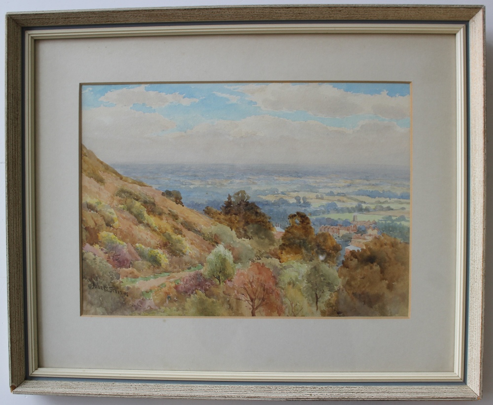 Albert Stevens
From the Wychpath Malvern looking towards Worcester 
Watercolour 
Signed and label - Image 2 of 4