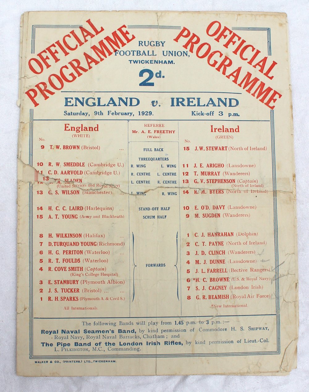 1929 - England V Ireland official rugby programme,