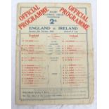 1929 - England V Ireland official rugby programme,