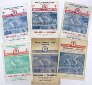 Six rugby programmes for games played at Twickenham including England v Wales on 16th January 1937,