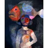 RAMÓN LLOVET Oleo sobre lienzo, "Hombre y pez". 61x50 cm.