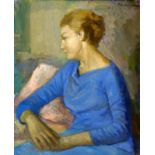 MANUEL HUMBERT Óleo sobre lienzo, "Jersey azul", etiqueta Sala Parés. 65x54 cm.