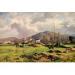 VICENS SOLÉ JORBA óleo sobre lienzo, "Olot, 1940", 75x92 cm. Starting Price €350