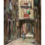 SEBASTIÀ FREIXAS óleo sobre lienzo, "Barrio de la Ribera". 63x53 cm. Starting Price €250