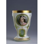 GLASS CUP WITH PORTRAITS OF GIRLS Around 1845, Bohemia (Harrachov) Uranium glass and white glass,