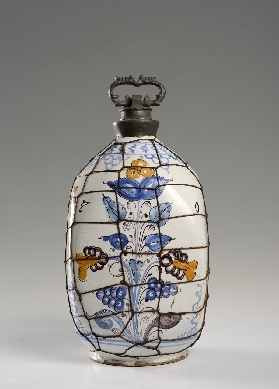 HABAN BOTTLE WITH A TIN SCREW CAP 1702, Moravia Faience, white glaze in high heat colours dominated