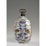HABAN BOTTLE WITH A TIN SCREW CAP 1702, Moravia Faience, white glaze in high heat colours dominated