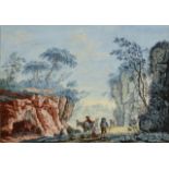 LANDSCAPE WITH FIGURAL STAFFAGE II Early 18th century, Italy Gouache, tempera on paper. Height 29.5