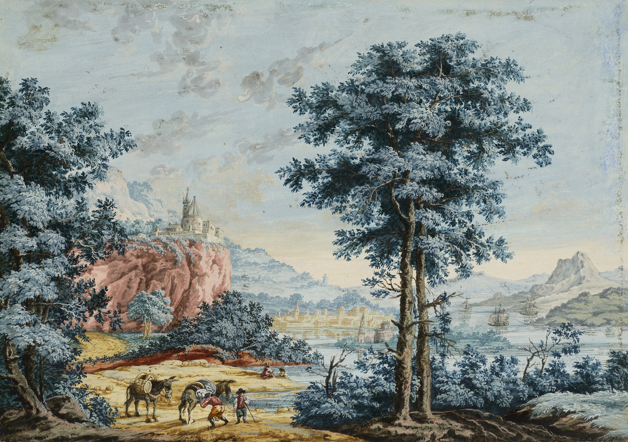 LANDSCAPE WITH FIGURAL STAFFAGE I Early 18th century, Italy Gouache, tempera on paper. Height 29.5