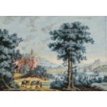 LANDSCAPE WITH FIGURAL STAFFAGE I Early 18th century, Italy Gouache, tempera on paper. Height 29.5