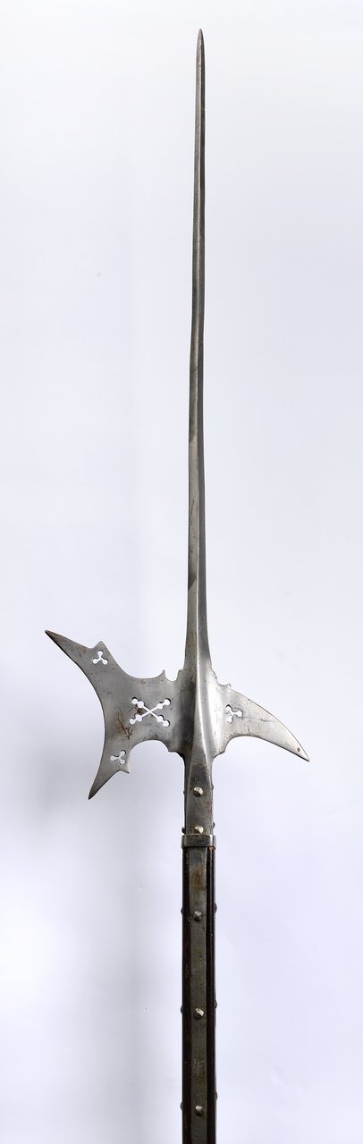 HALBERD 1580-90, Central Europe Wood, iron, a moon axe, a hook and an axe decorated with cut-out