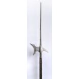 HALBERD 1580-90, Central Europe Wood, iron, a moon axe, a hook and an axe decorated with cut-out