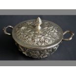 A CONTINENTAL SILVER TWIN-HANDLED COVERED SUGAR BASIN removable lid with acorn finial, lid and