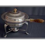 AN OLD SHEFFIELD PLATE CHAFING DISH reeded lid with removable fruitwood finial, pan with removable