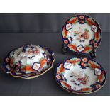 A SET OF THREE 19TH CENTURY ENGLISH IRONSTONE CHINA comprising of a soup dish, plate and tureen,