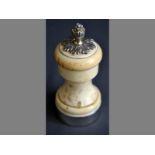 A PEUGEOT FRENCH SILVER AND IVORY PEPPER GRINDER CIRCA 1900 with acorn finial, 11cm (diameter).
