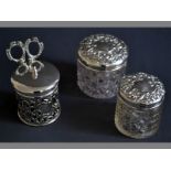 A COLLECTION OF THREE EDWARDIAN SILVER AND GLASS  DRESSINGTABLE HOLDERS BIRMINGHAM 1901, 1902 &