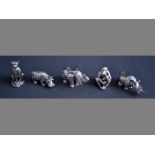 A COLLECTION OF FIVE STERLING SILVER MODELS OF ANIMALS comprising of an elephant, rhino, cheetah,