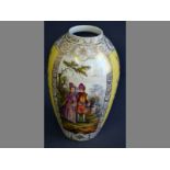 A 19TH CENTURY DRESDEN OVOID VASE decorated with alternating panels of couples in a garden and