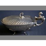 A 19TH CENTURY CONTINENTAL SILVER PRESERVE DISH reeded hinged cover with applied finial, dragon form