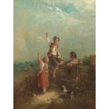 British School, 19th Century Children blowing bubbles. Oil on canvas, no signature found, in a