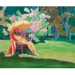 Joseph O'Sickey (American, 1918-2013) Untitled (Algesa in the garden). Oil on canvas, signed in