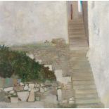 Rene Genis (French, 1922-2004) "Le Grand Escalier" (Patmos, Greece). Oil on canvas, signed twice