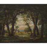 J. S. Schultz (American, Second Quarter 20th Century) Landscape with cows in a clearing. Oil on