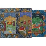 Three Antique Indian Manuscript Illuminations Polychrome painted manuscript pages with gilt