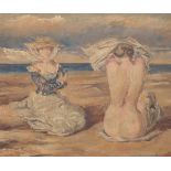 Juan Antonio Morales (Spanish, 1912-1984) Mujeres en la playa. Oil on masonite, signed in the