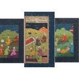 Three Antique Indian Manuscript Illuminations Polychrome painted manuscript pages with gilt