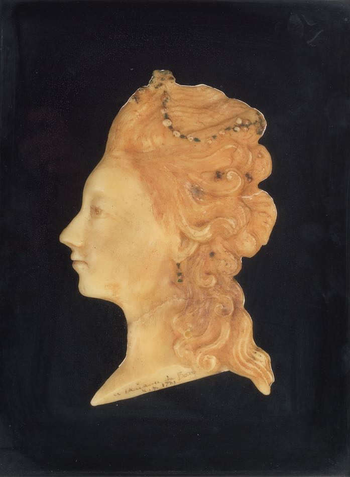 Madame du Barry Wax Bust in Shadow Box, Dated 1771 In black shadow box, with black background.
