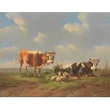 Albertus Verhoesen (Netherlands, 1806-1881)  Cattle and Sheep in a Landscape. Oil on chamfered