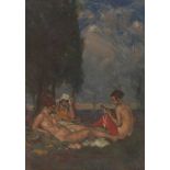 Janos Czencz (Hungarian, 1885-1960) Sun Bathers. Oil on canvas over wood keyed stretcher, signed