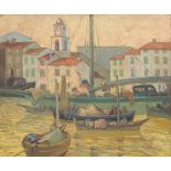 Irving Kraut Manoir (American, 1891-1982)  Port Scene. Oil on canvas, unsigned, not stretched or