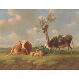 Albertus Verhoesen (Netherlands, 1806-1881) Cattle and Sheep in a Landscape. Oil on chamfered wood