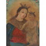 Antique Mexican "Santos" Painting Mary and Baby Jesus Crowned. Oil pigments on tin panel,