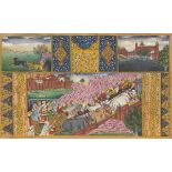 Persian Mughal Style Illuminated Page  Image with multiple scenes, gouache and gilding on paper;