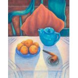Dorothy Alden Morang (American, 1906-1994) "Oranges and Teapot". Oil on canvasboard, signed in the