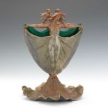 Art Nouveau Figural Vase with Green Glass Insert Bronze patinated cast metal vase in the form of