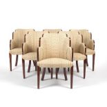 Set of Six French Art Deco Style Chairs Fountain style scalloped shape burled wood veneered