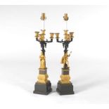 A Pair of French Renaissance Revival d'Ore Bronze Four-Light Candelabra Lamp Bases Column form on